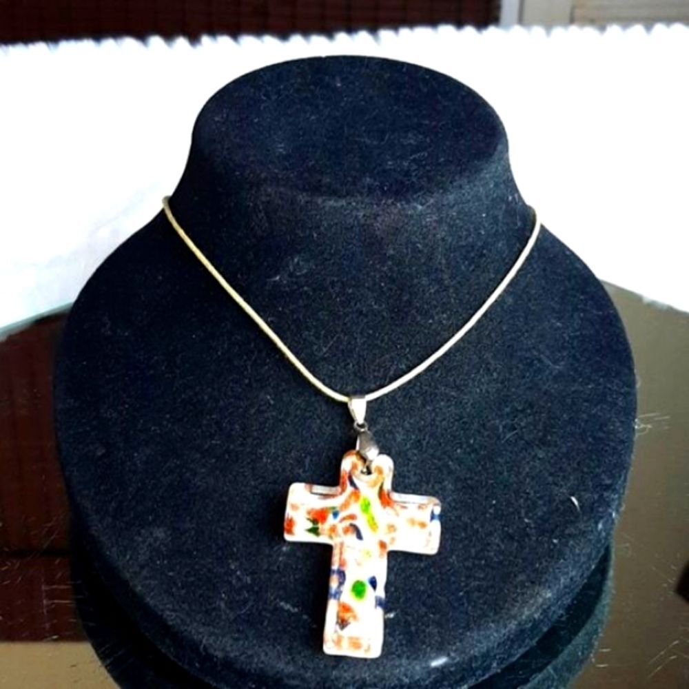 Blown Glass Multi Color Cross Pendant On Yellow Cord Necklace New